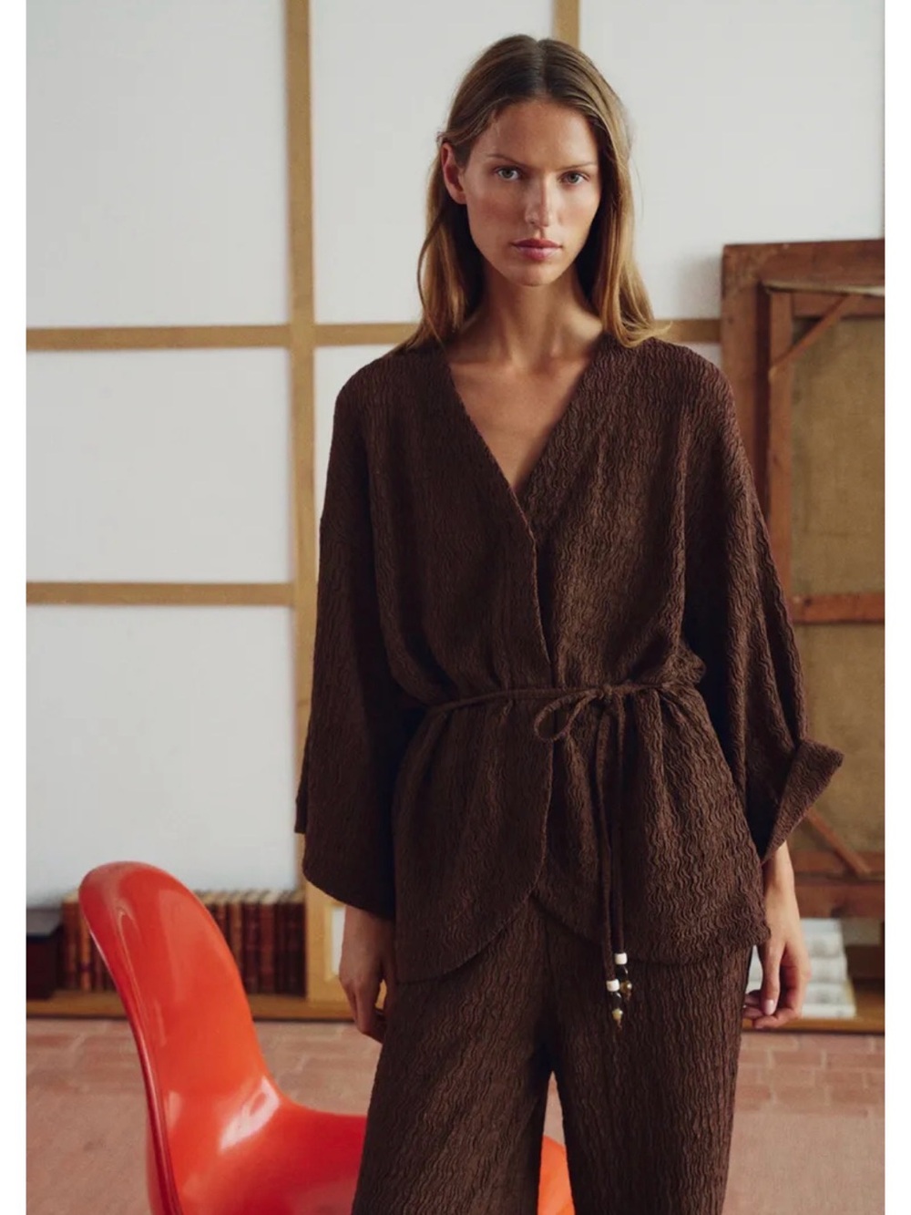 Brown Textured Wrap Top
